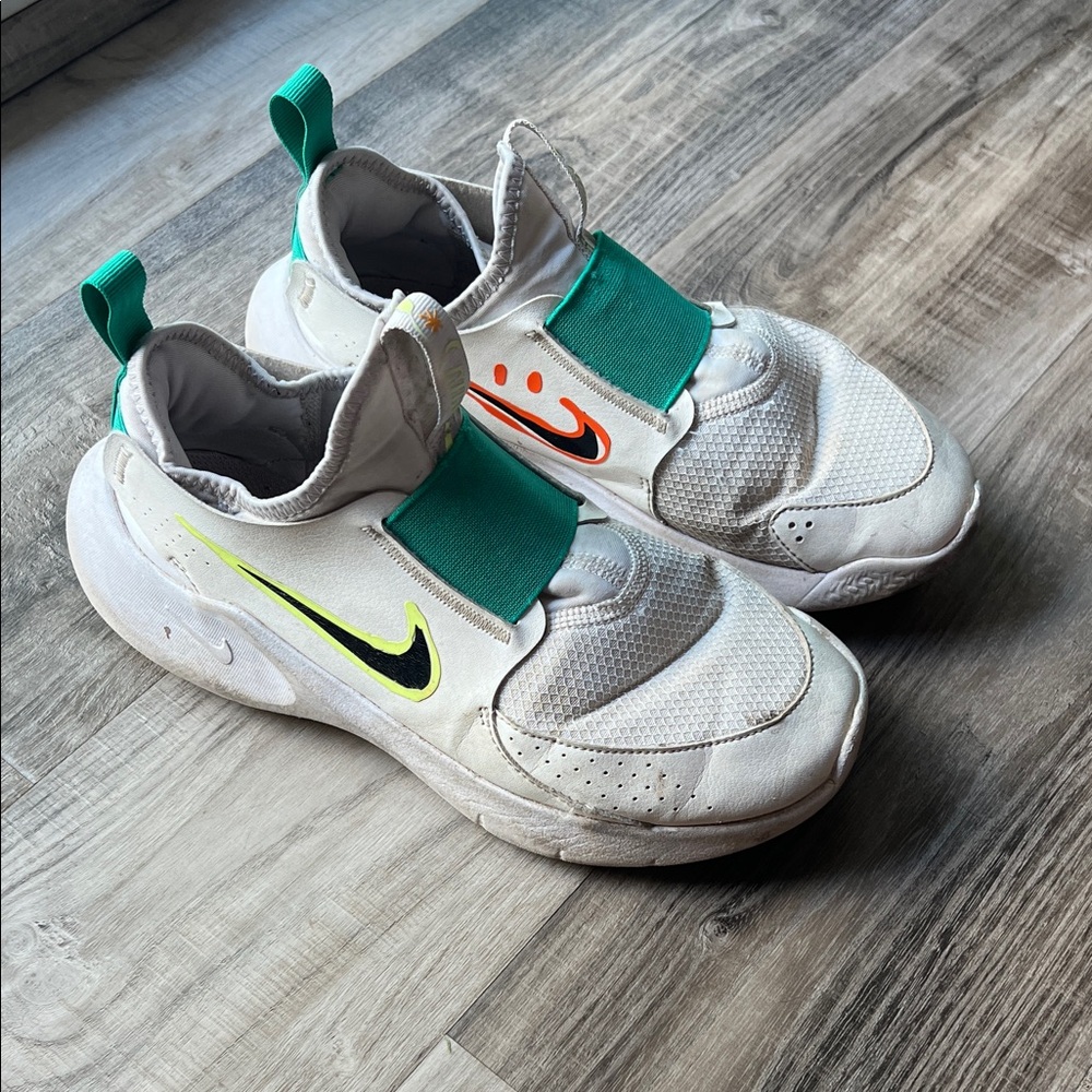 Nike Kids White Sneakers with Green and Orange Accents
